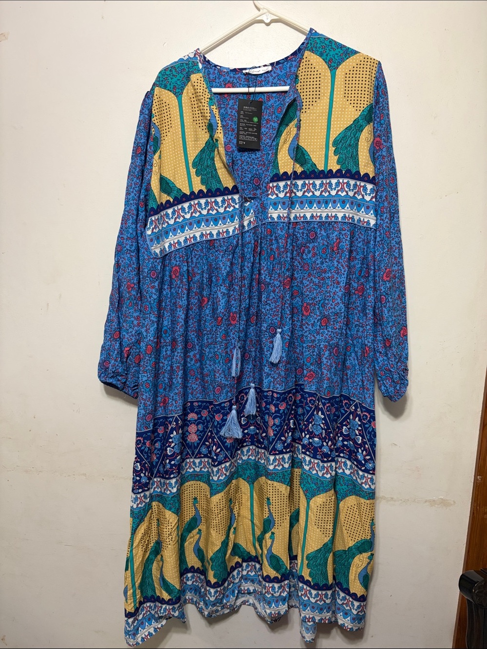 Boho Long-Sleeve Tiered Midi Dress in Blue & Yellow